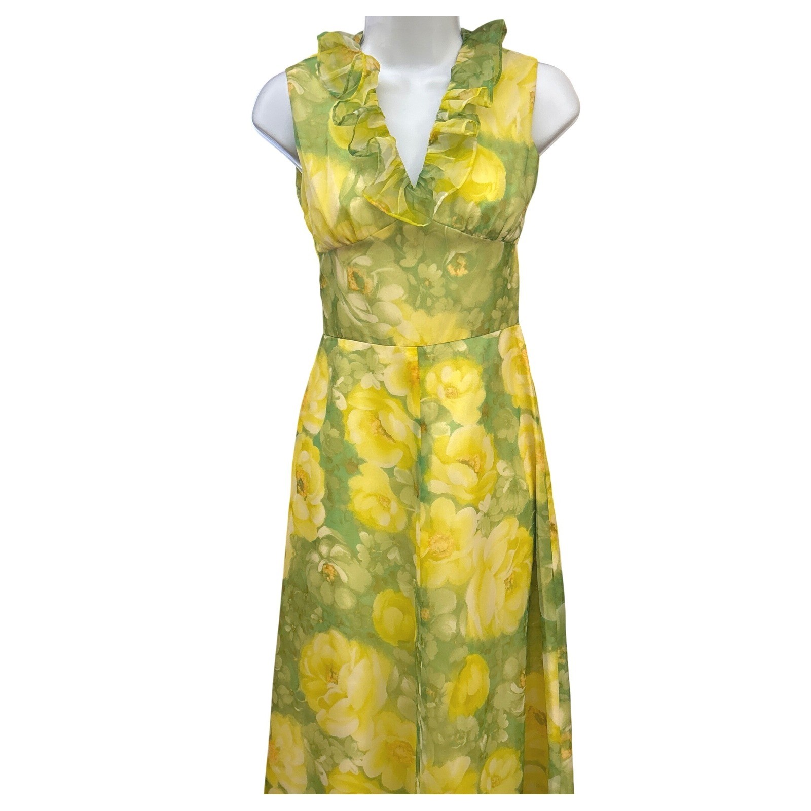 Vintage 70s Floral Maxi Dress Yellow Green Ruffle Boho Prairie Garden Party Prom