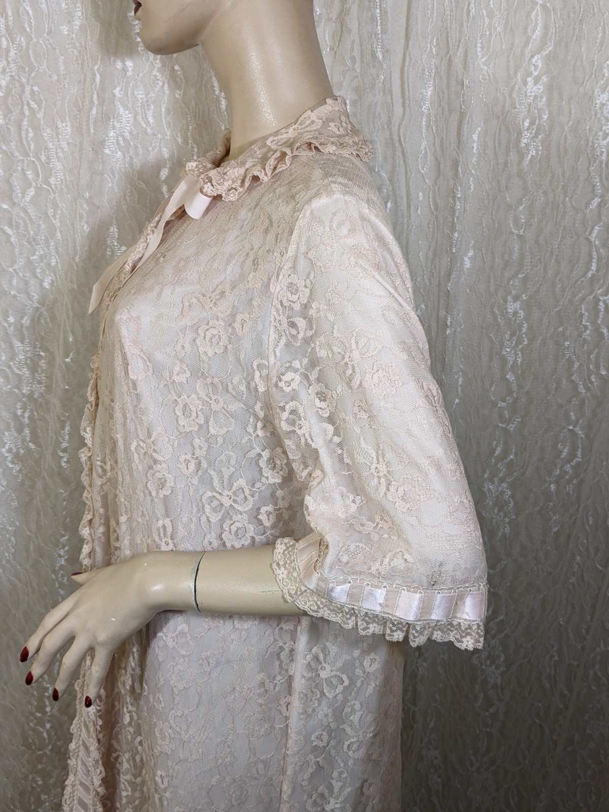 VTG Odette Barsa Lace Overlay Pocket Pink Peter Pan Collar Dressing Gown Robe L