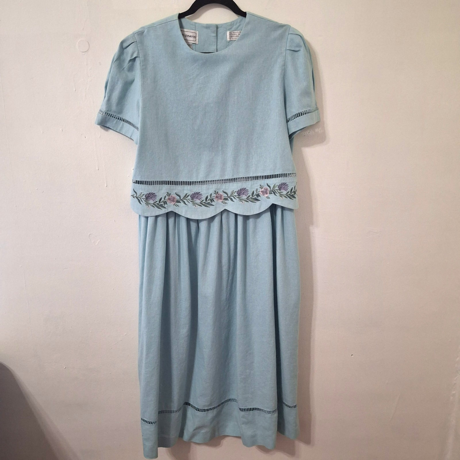VTG Karin Stevens 14 Blue Scalloped Embroidered Dress 80s Cottagecore Prairie