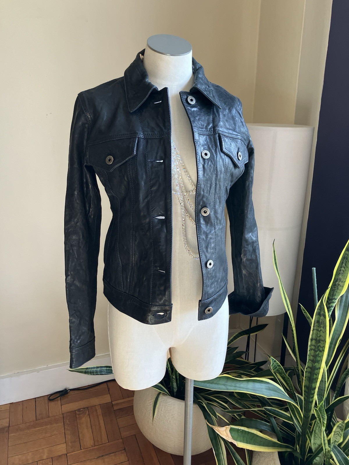 Womens Slim fit Vintage Deep Navy Blue Leather Button-Front Jacket XS
