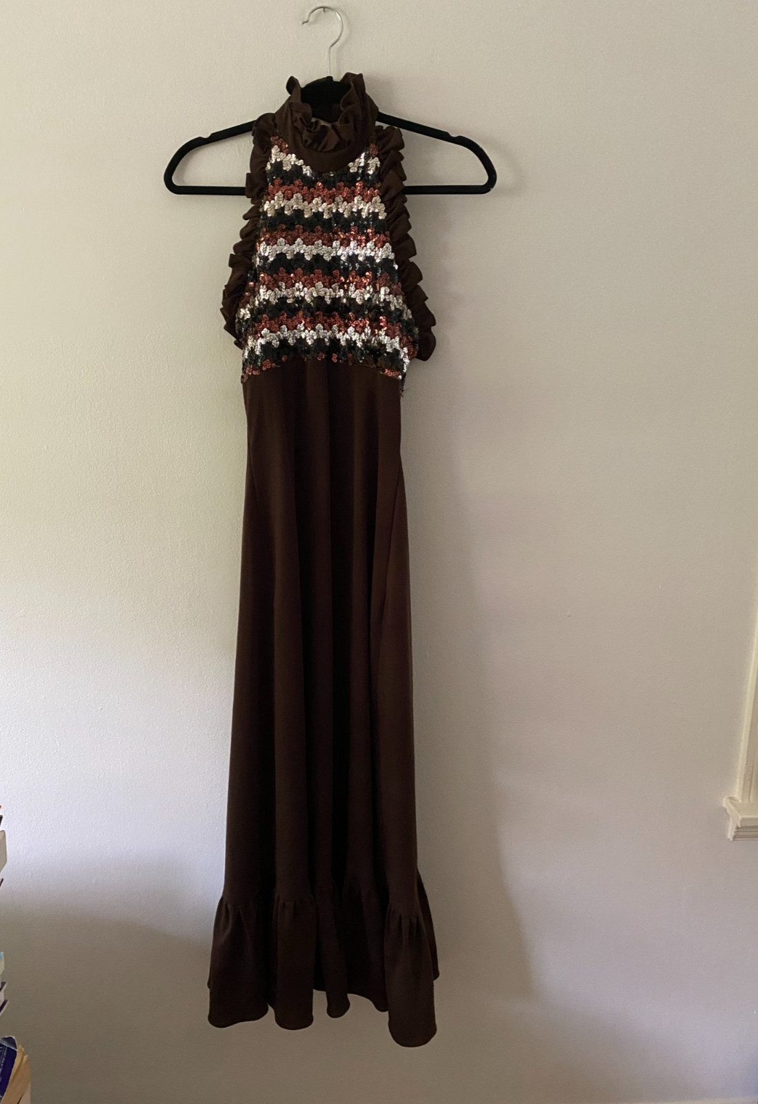 Vintage 1970s Brown Sequin Halter Ruffle Prom Gown Boho Disco XS/S
