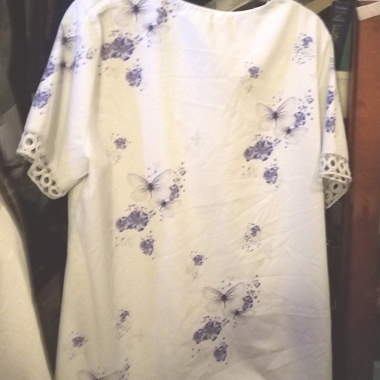 White Blouse Pullover With Purple Dragonflies Circled Embroidery Neck, Sleeve 2X