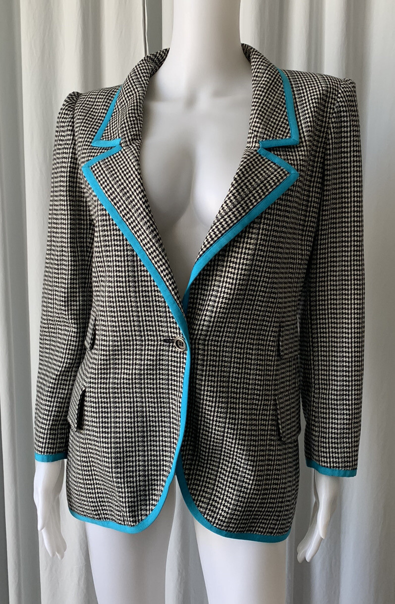 Vintage Ungaro Parallele Jacket Blazer Black White with Turquoise Trims Size 8