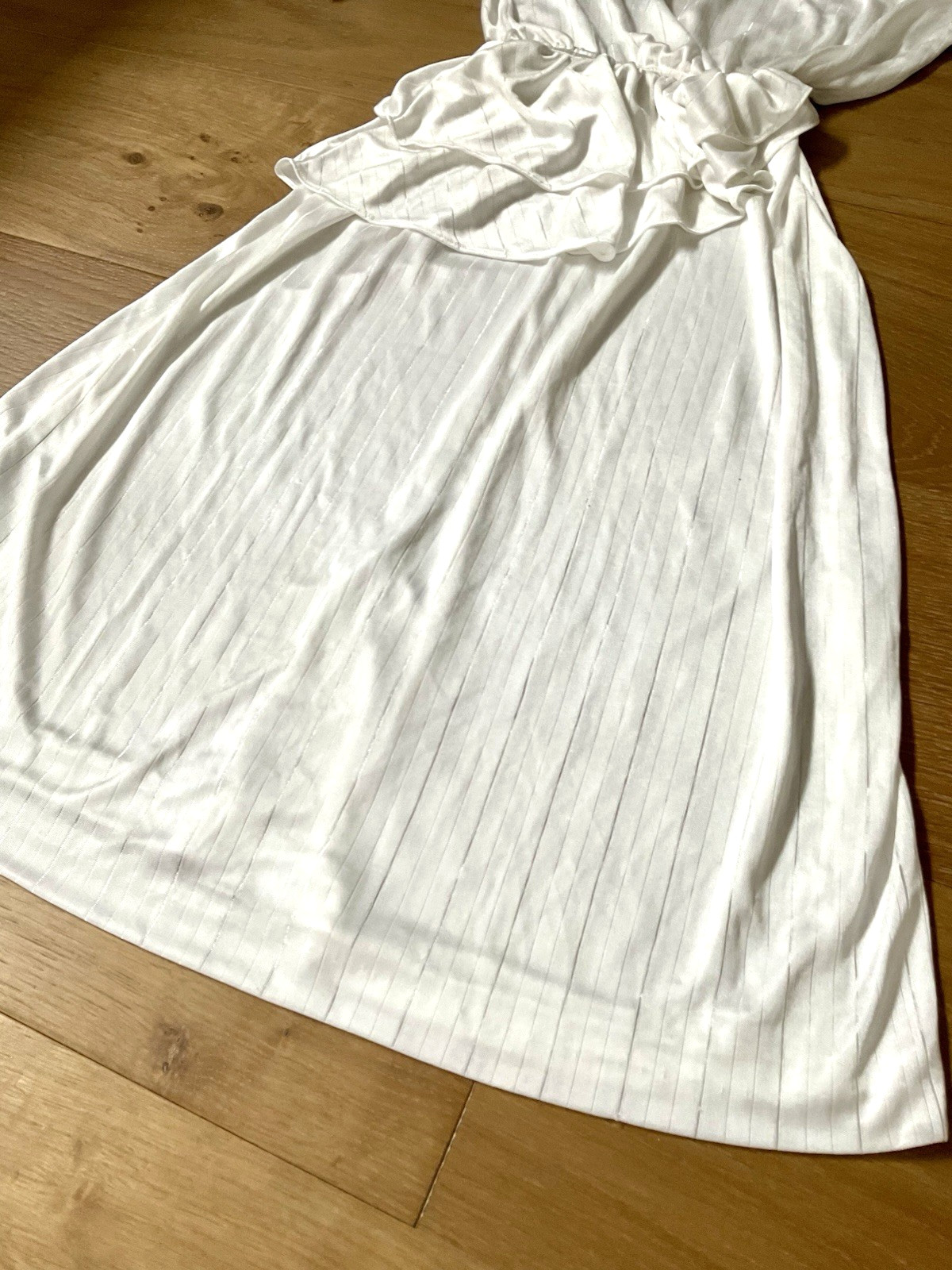 80s VTG Joni Blair Dress White Shimmer Pinstripe Peplum Puff Sleeve Shoulder Pad