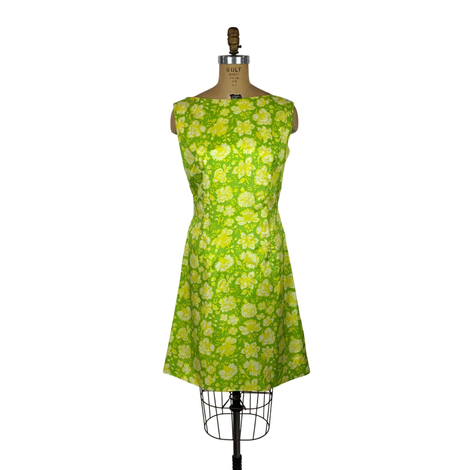 Vintage 60s Floral Dress Womens Medium Lime Green Yellow Mini Sheath Retro