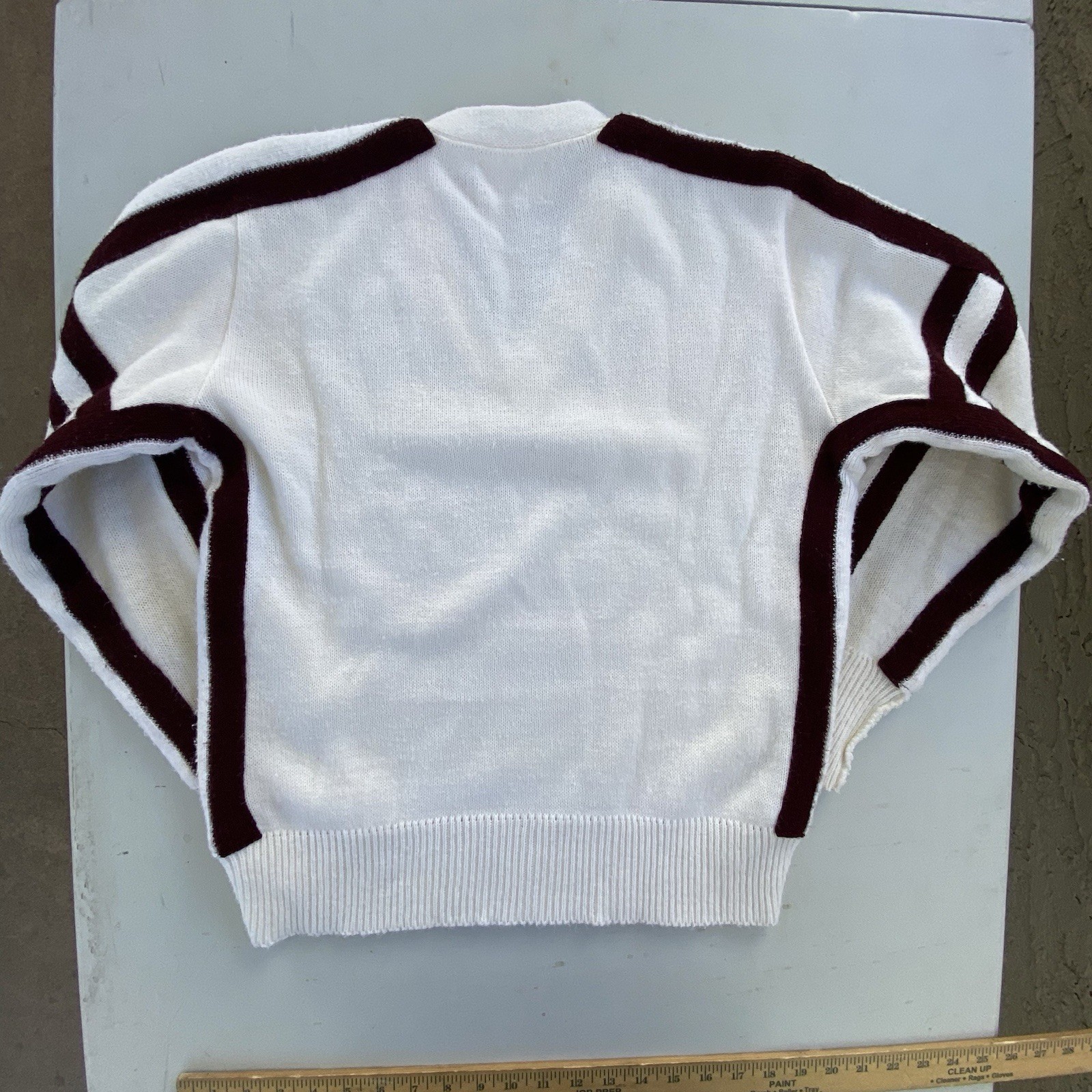 Vintage Ivory Cheer Sweater V-Neck Varsity Brown Stripe Acrylic USA Made Sz M