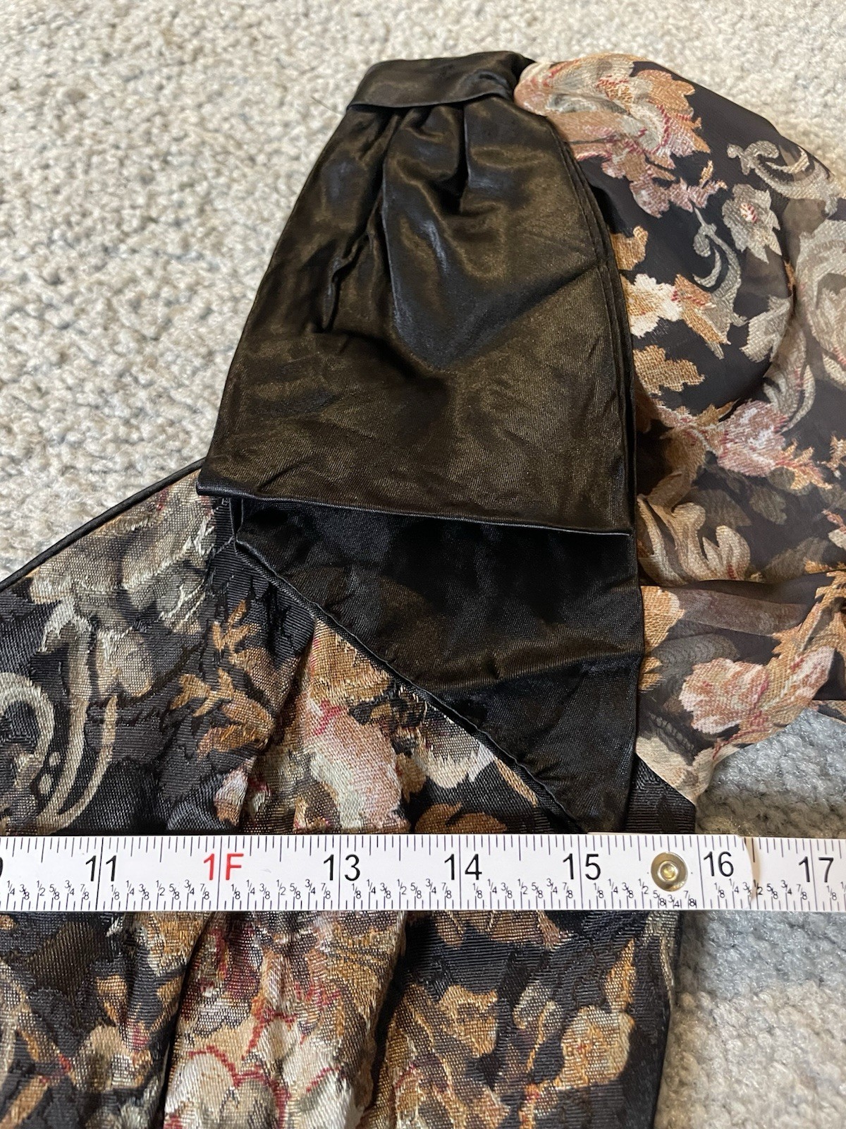 Vtg 80s Floral Brocade Mini Dress S Beige Black Bow Sheer Sleeve Pleated Classic
