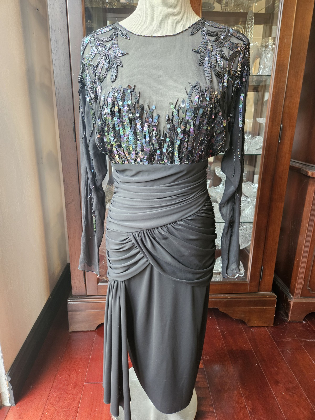 VTG Black Dress Sequin bead mesh ruched Open back flapper casadei s 4 Runs Small