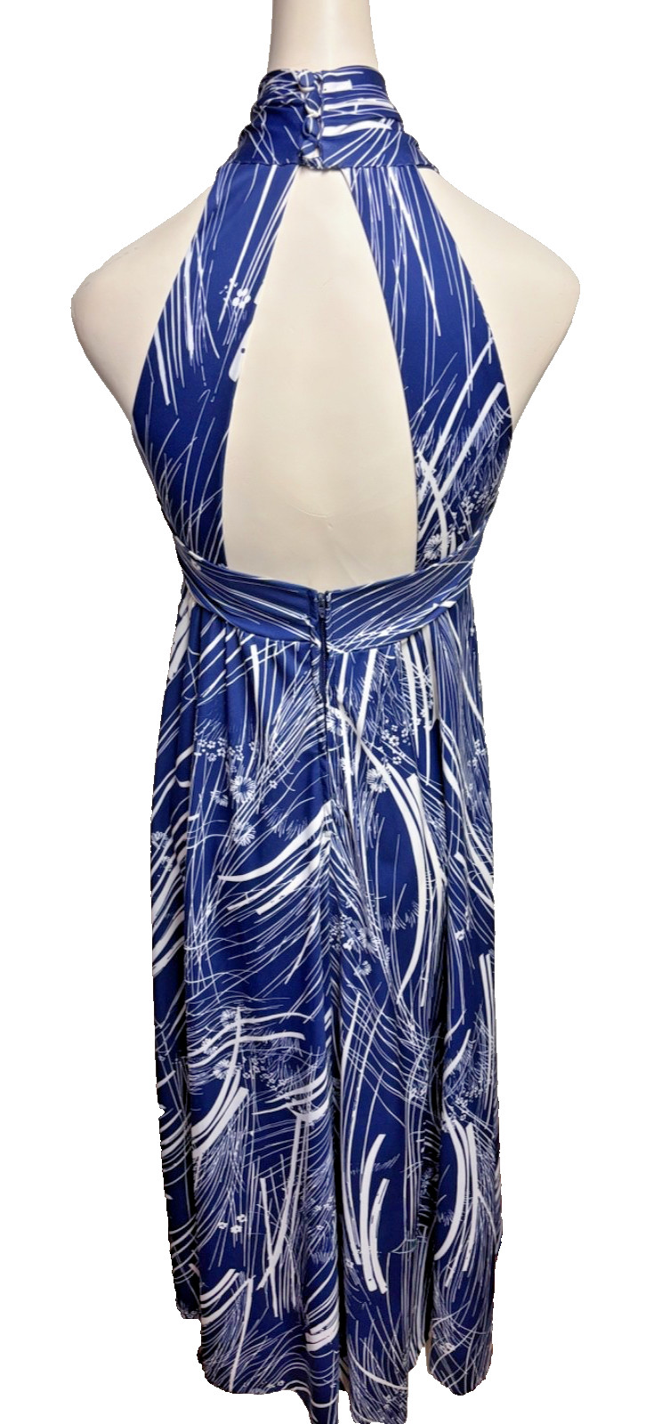 VTG 70’s Halter MAXI Dress Navy Blue White Abstract Floral Size S/M Tall EXC!