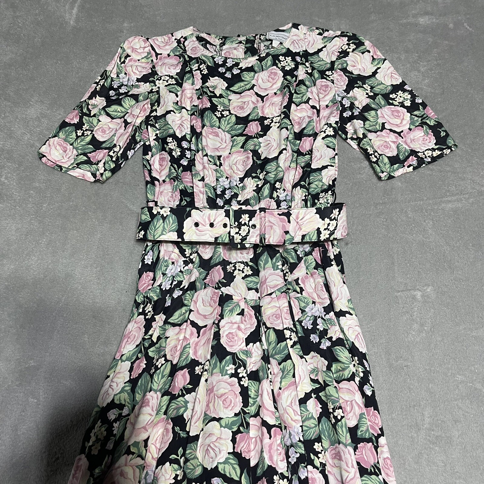 Vintage ED Michaels Dress Womens 5 6 Floral Rose Belted Modest Maxi Short Sleeve