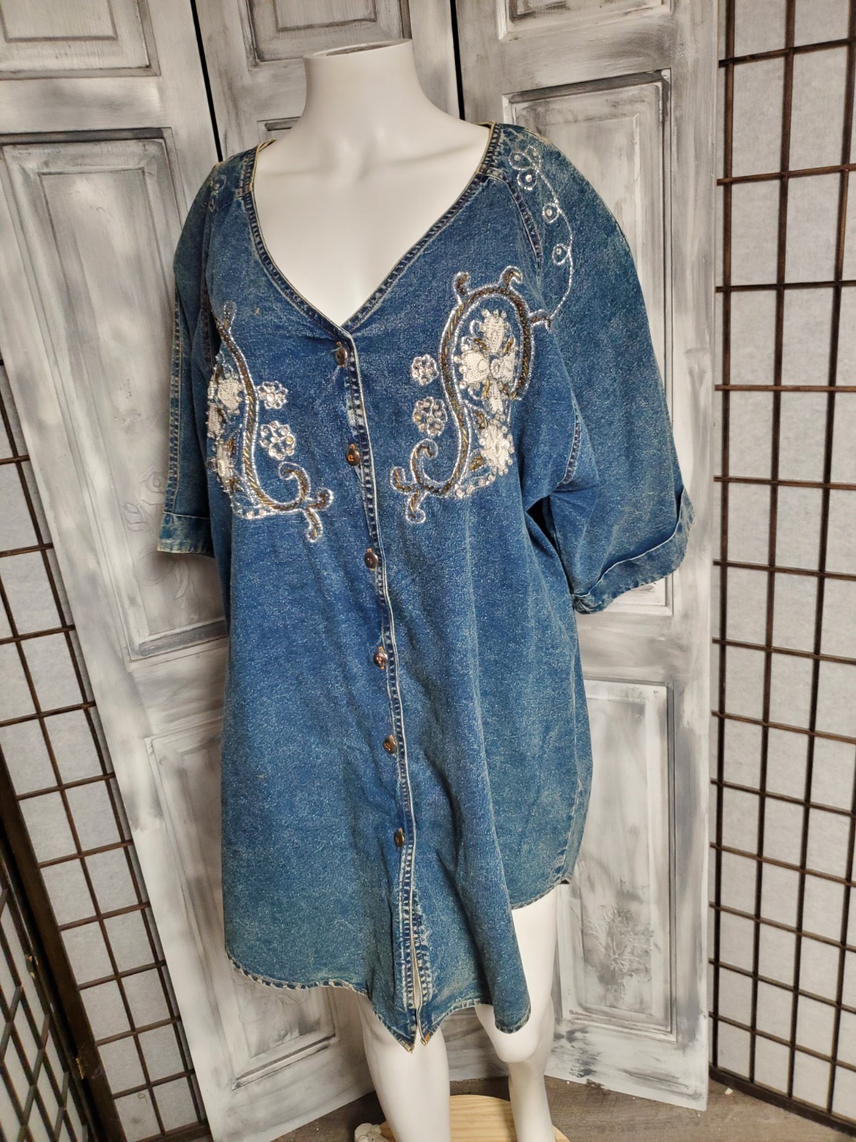 Vtg 80’s Club Z Blue Denim Rodeo Embellished acid wash Shirt Sz 1X Southwestern