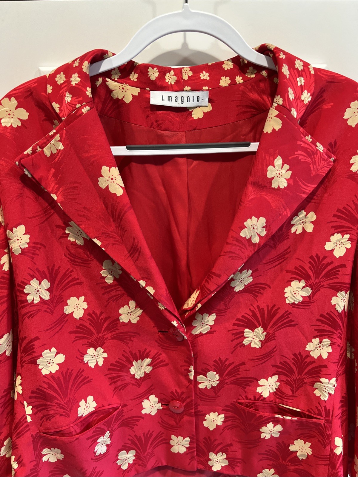 Vintage I Magnin Red Floral Silk Blazer Jacket Size 14 Baron Peters 80s Designer
