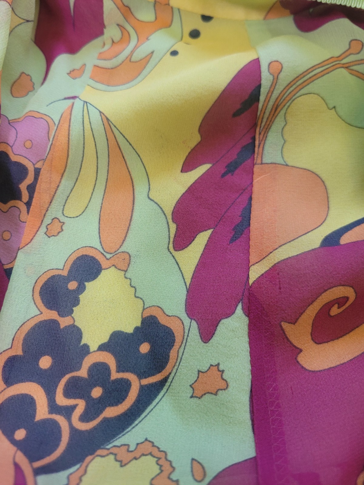 Vintage 90s Y2K Psychedelic Knee Length Skirt Silk Floral Bright Mod Gogo 10 M/L