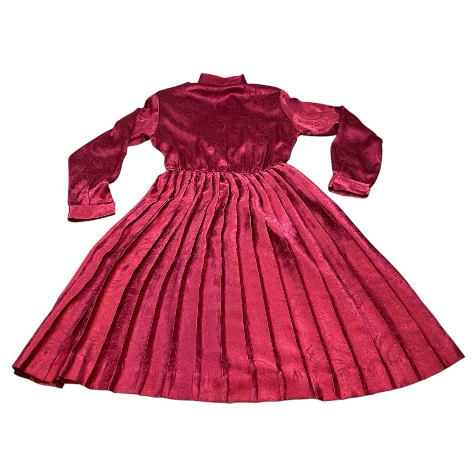 VTG 80s Impromptu Maroon Paisley Pleated Maxi Dress Size 7/8 SMALL Long Sleeve