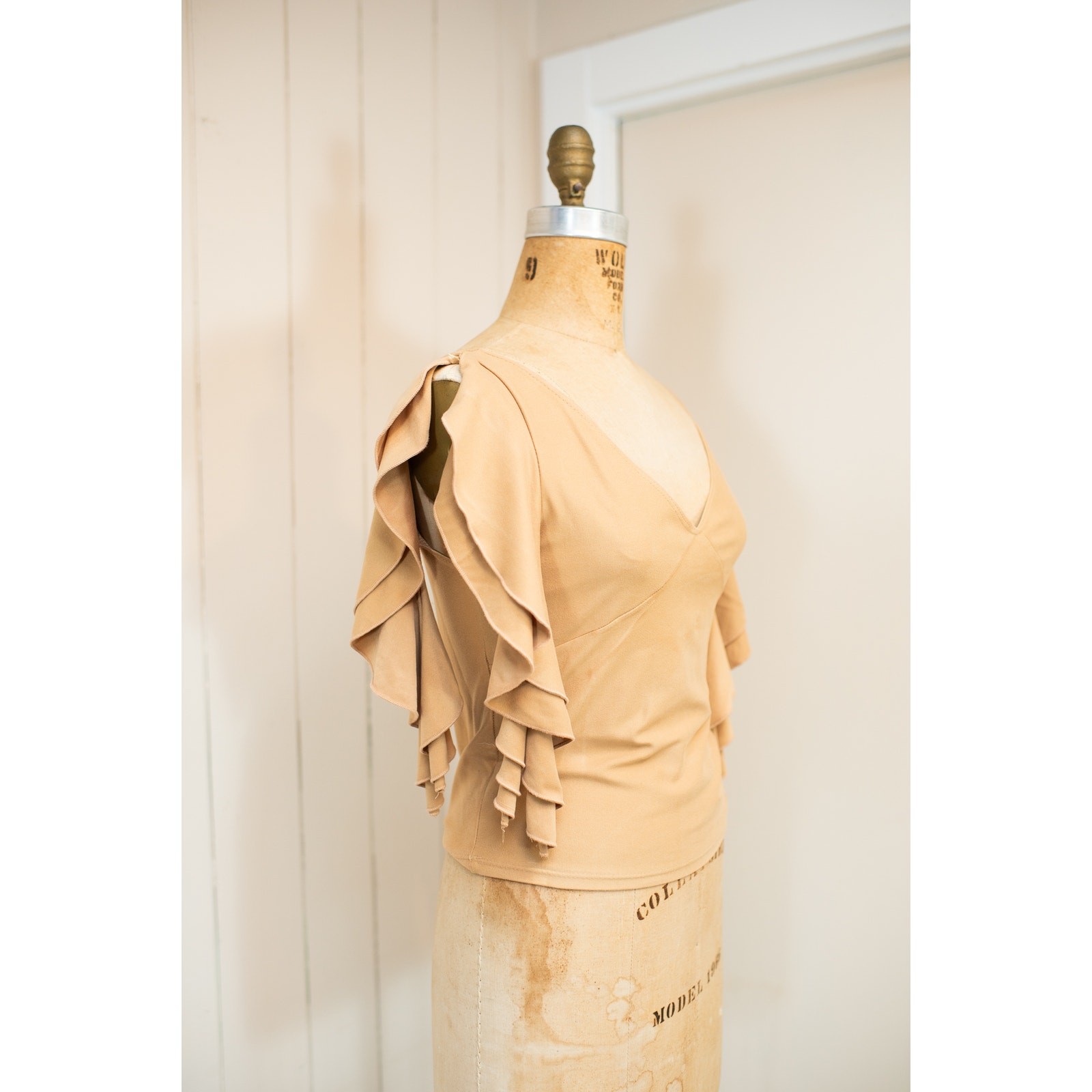 Vintage Y2K Tan Camel Brown Flutter Sleeve Top Fairycore Boho Festival Blouse LG