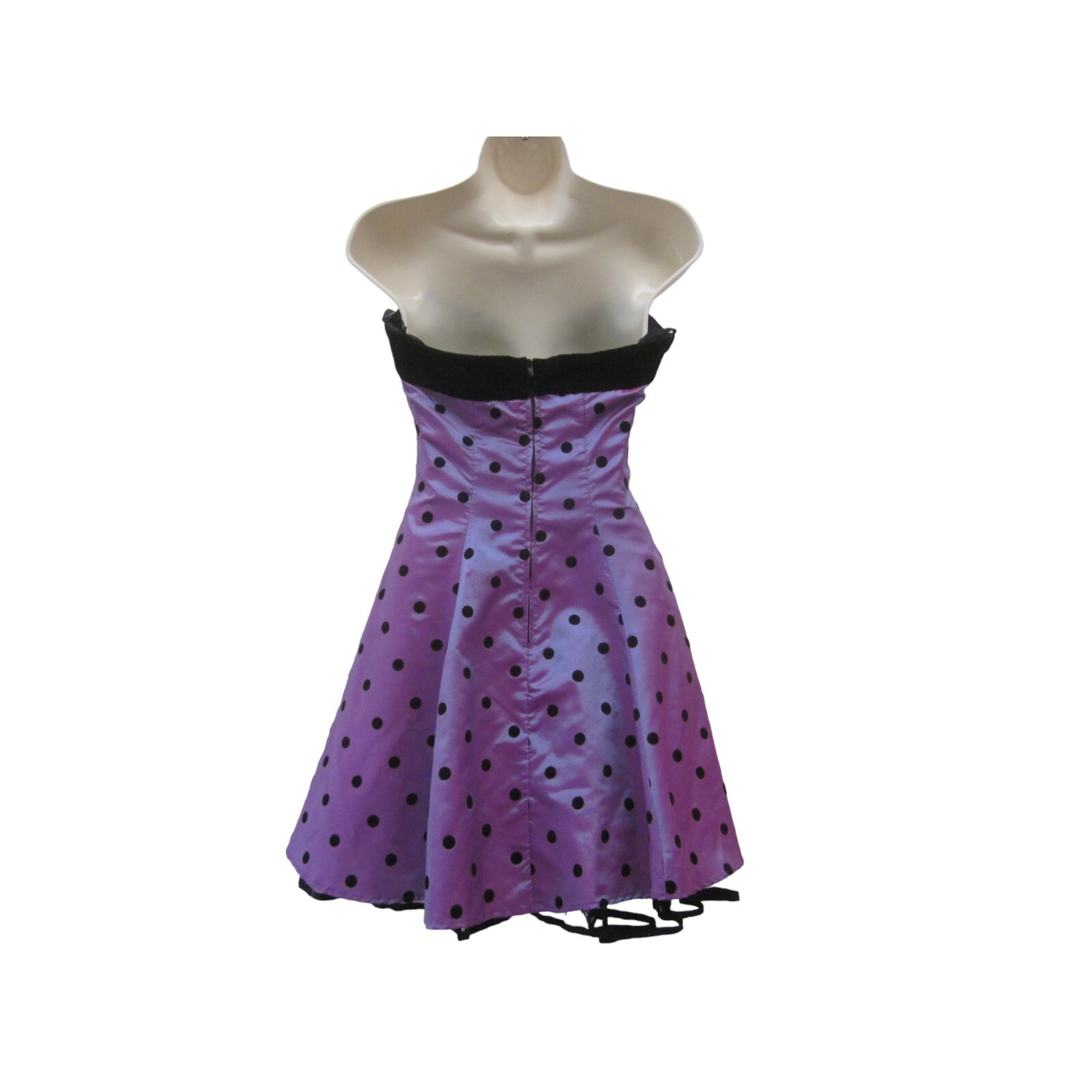 VTG NOTORIOUS Purple w/ Black Flocked Polka Dots Strapless Party Dress Sz 7