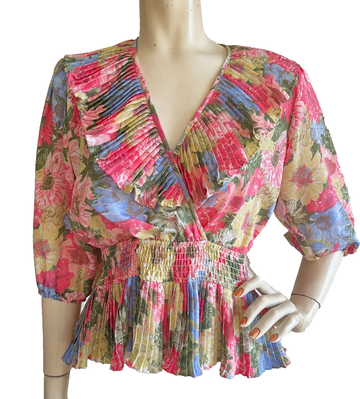 VTG SUSAN TUDOR Top Floral Pastel Pleated Ruffled 80’s Blouse USA Size XS