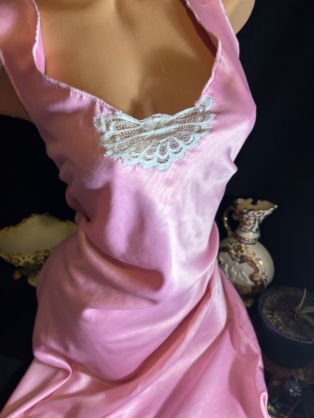 Vtg Satin Soft Pink Anastasia w Strips in gown Nightgown Negligee Gown w Lace