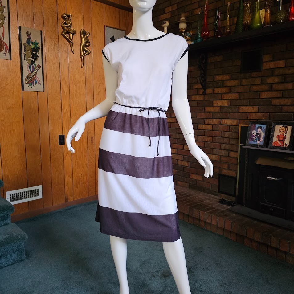 Vtg 70s 80s Chic Disco Striped Ringer Sheer Shirtwaist Casual T-Shirt Dress XS/S