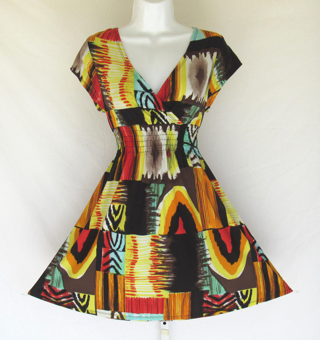 VINTAGE 1980s 90s MOD COLOR BLOCK SUN DRESS POLY SPANDEX