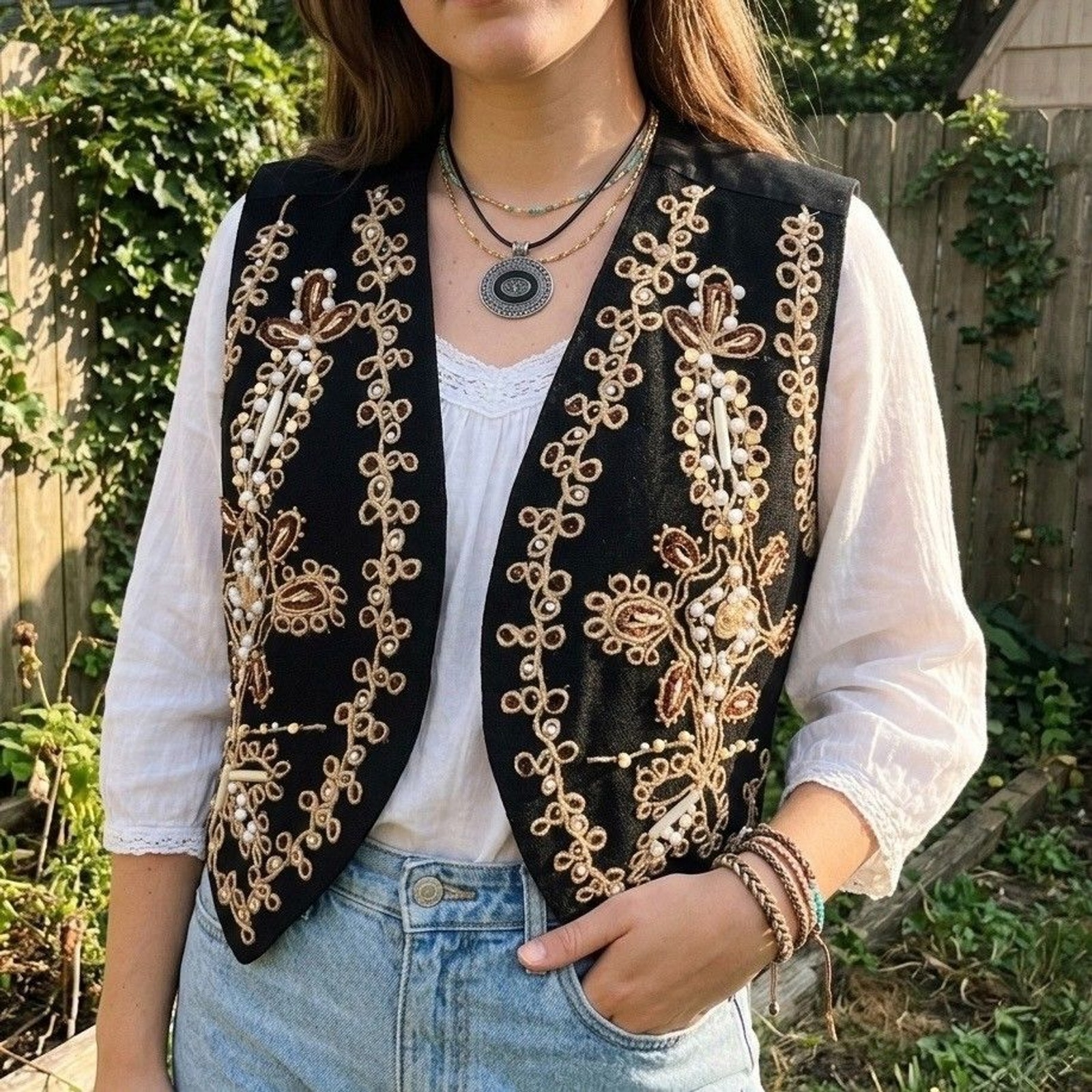 Vintage JouJou Boho Embroidered Beaded Festival Vest Black