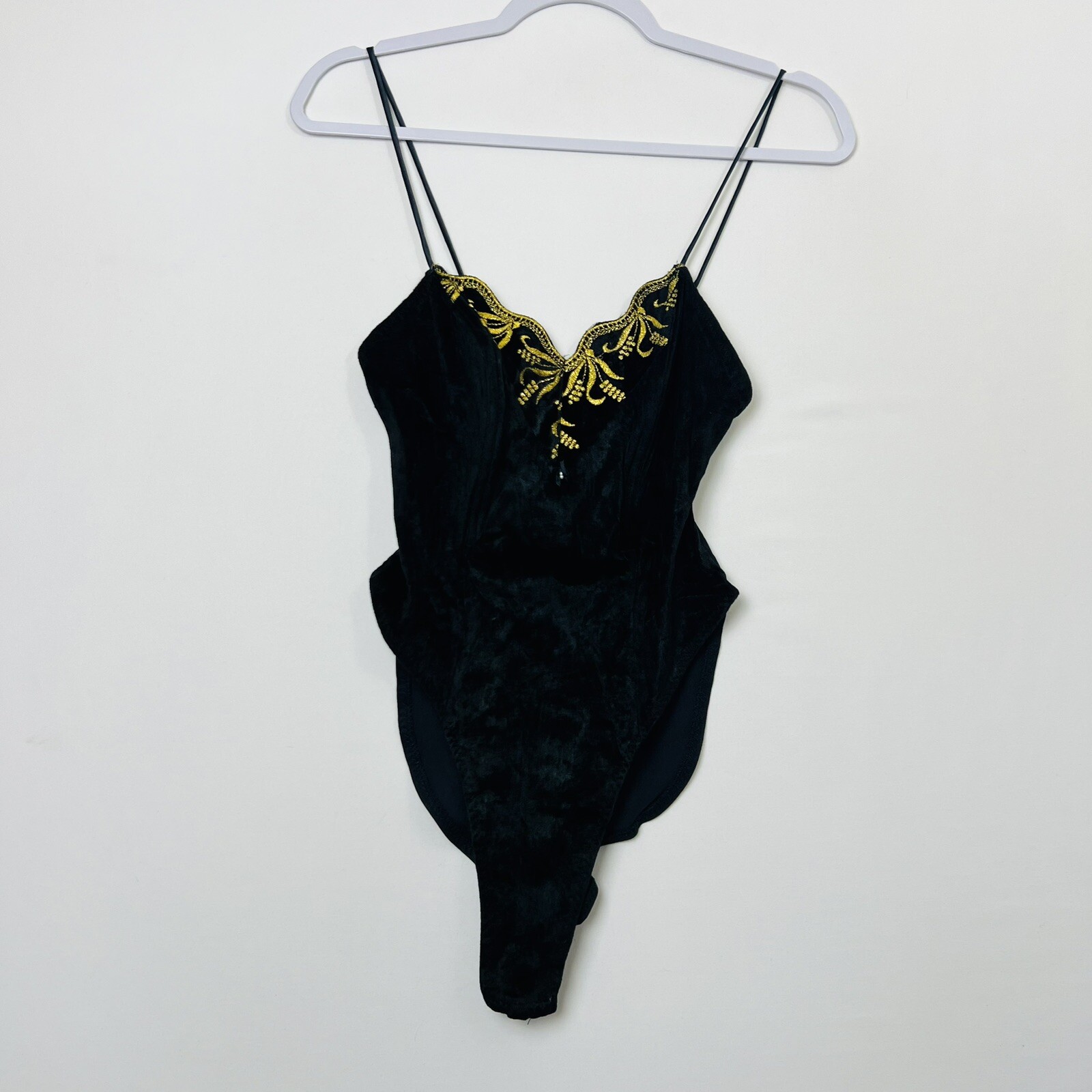 Vintage 1980s Madelon Louden Black Velvet Teddy Bodysuit Gold Embroidery Medium