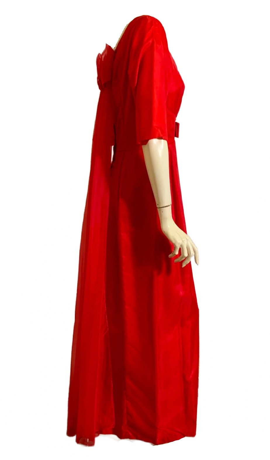 True Vintage 1960s Lipstick Red Satin and Chiffon Dress Watteau Train Bow S