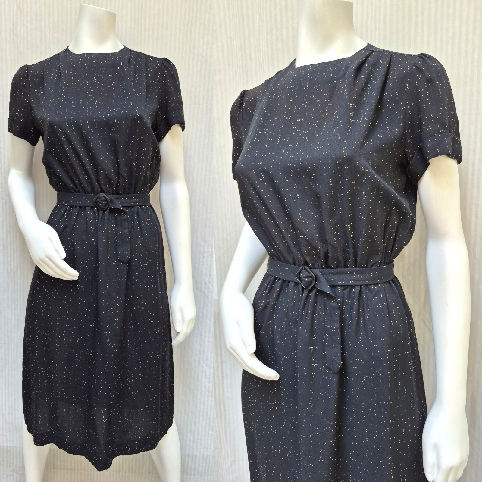 Vintage JODY California Black w Gold Dots Dress w/ Belt – Size S/M – EUC