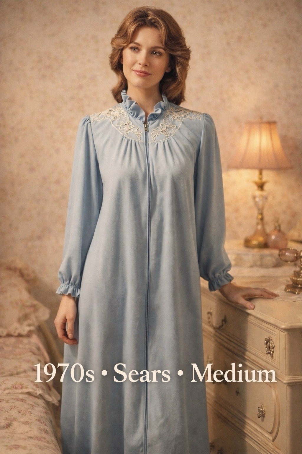 Vintage 1970s Sears Take Along Blue Zip House Dress Embroidered Yoke USA M 12-14