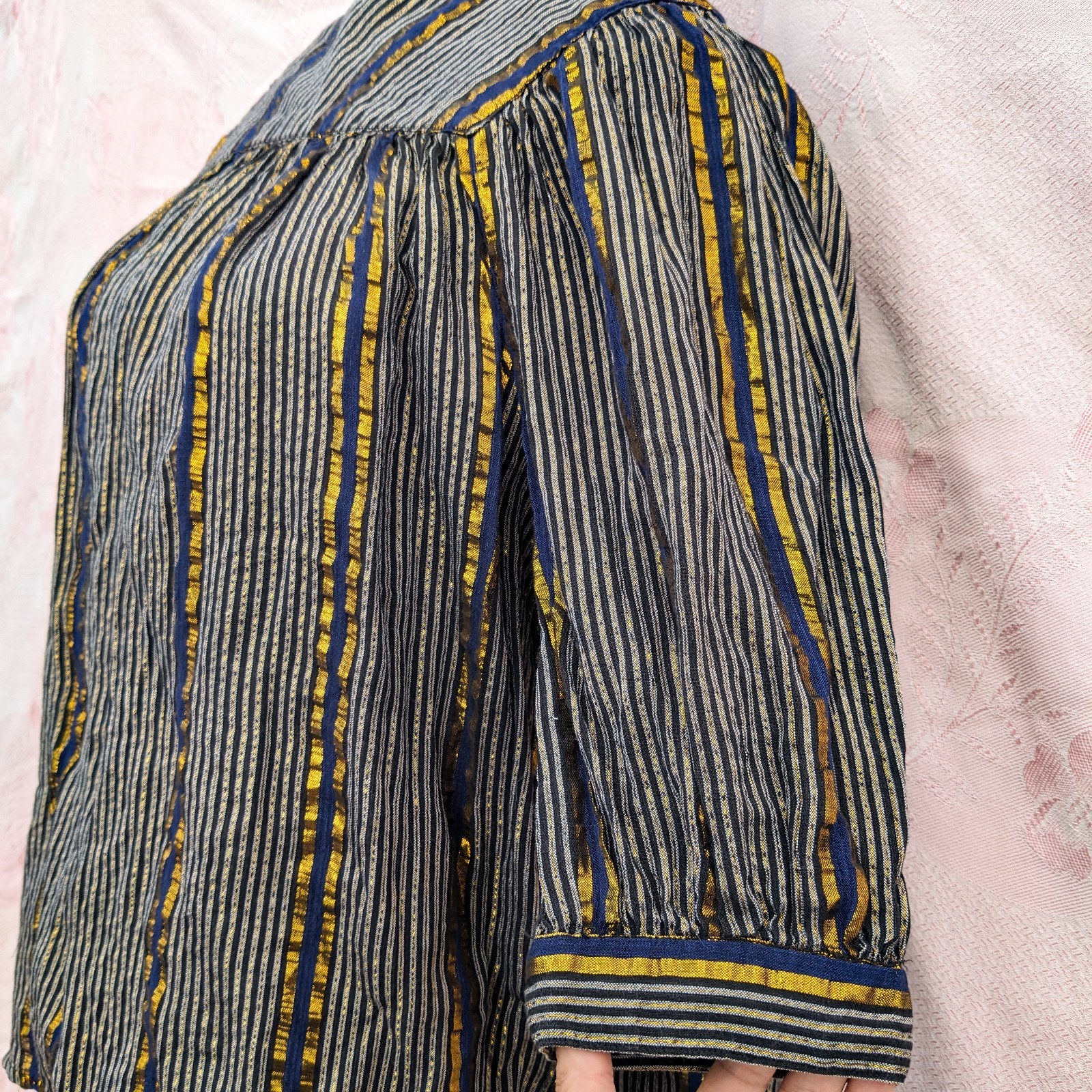 Vintage 70s Adini India Blouse S Navy Gold Lurex Metallic Stripe Boho Tunic Top