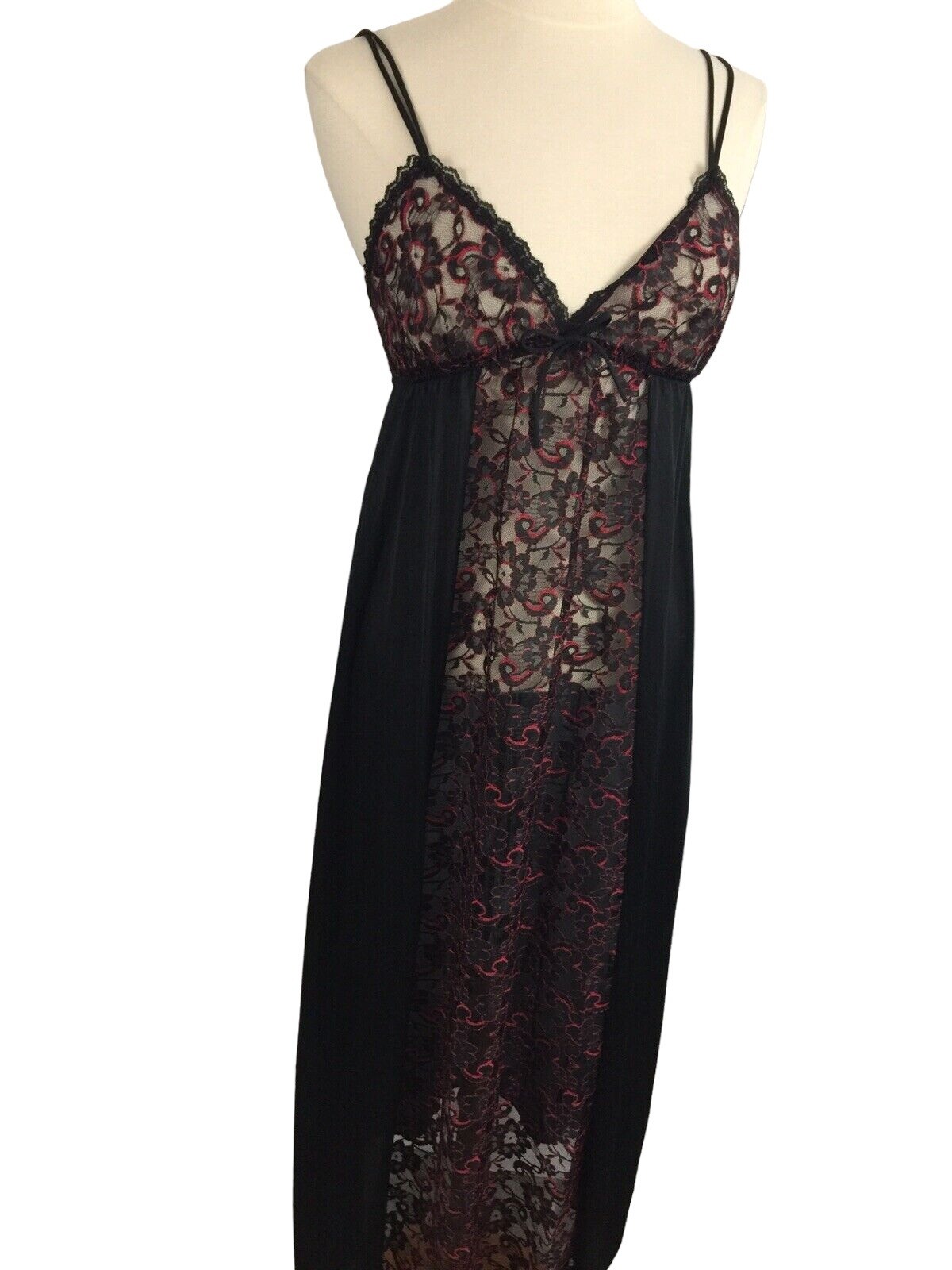 Vintage Jill Andrea Women’s M Nightgown Black Red Sheer Lace Long Gown Goth