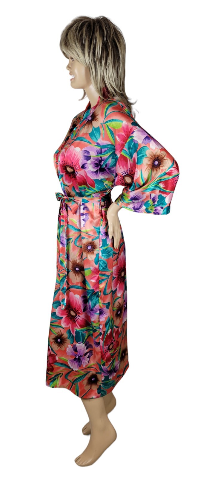 Vtg Sears Just For Women Tropical Floral Satin Maxi Caftan Kimono Robe One Size