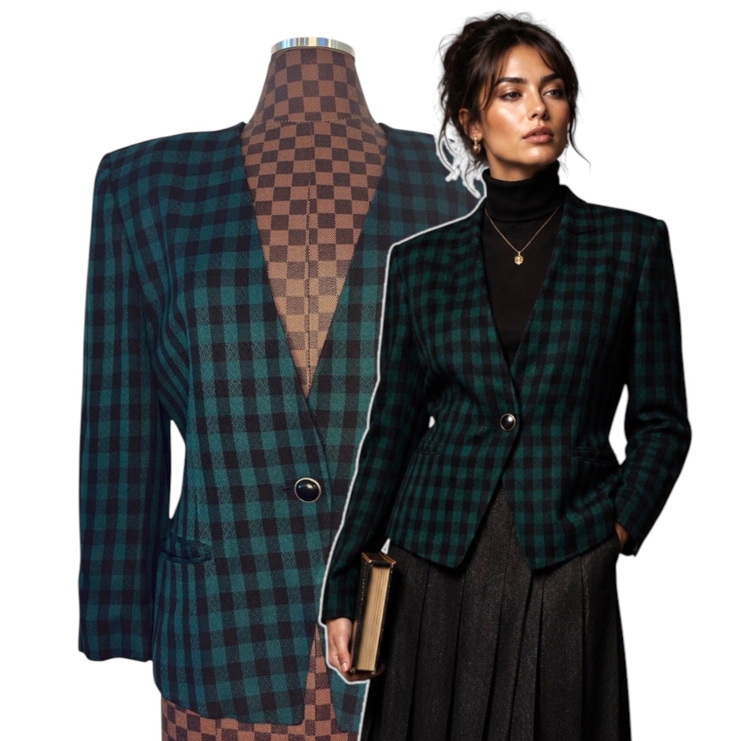 Vintage Saville Green Buffalo Check Plaid Blazer Womens Size 10 Preppy Gingham