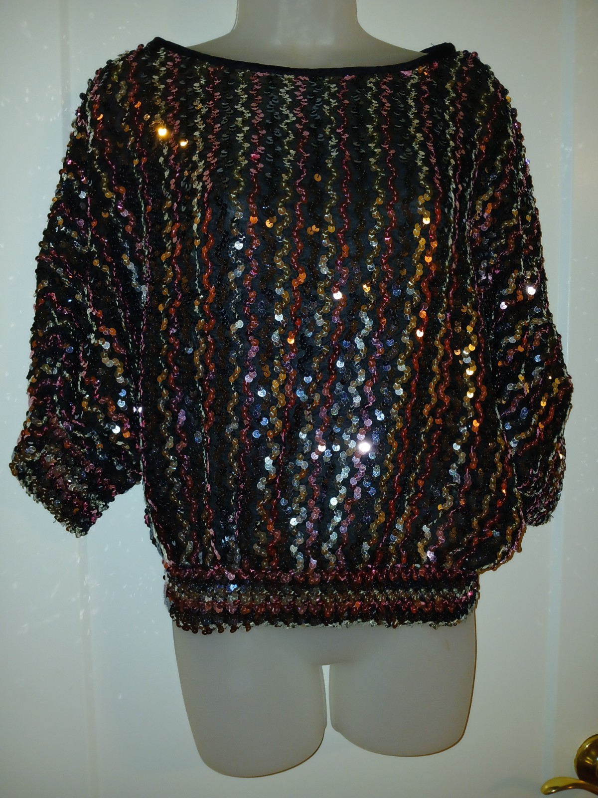 Vintage 70s Sequins Pink Silver Disco Club Knit Stretch Studio 54 Top Blouse L