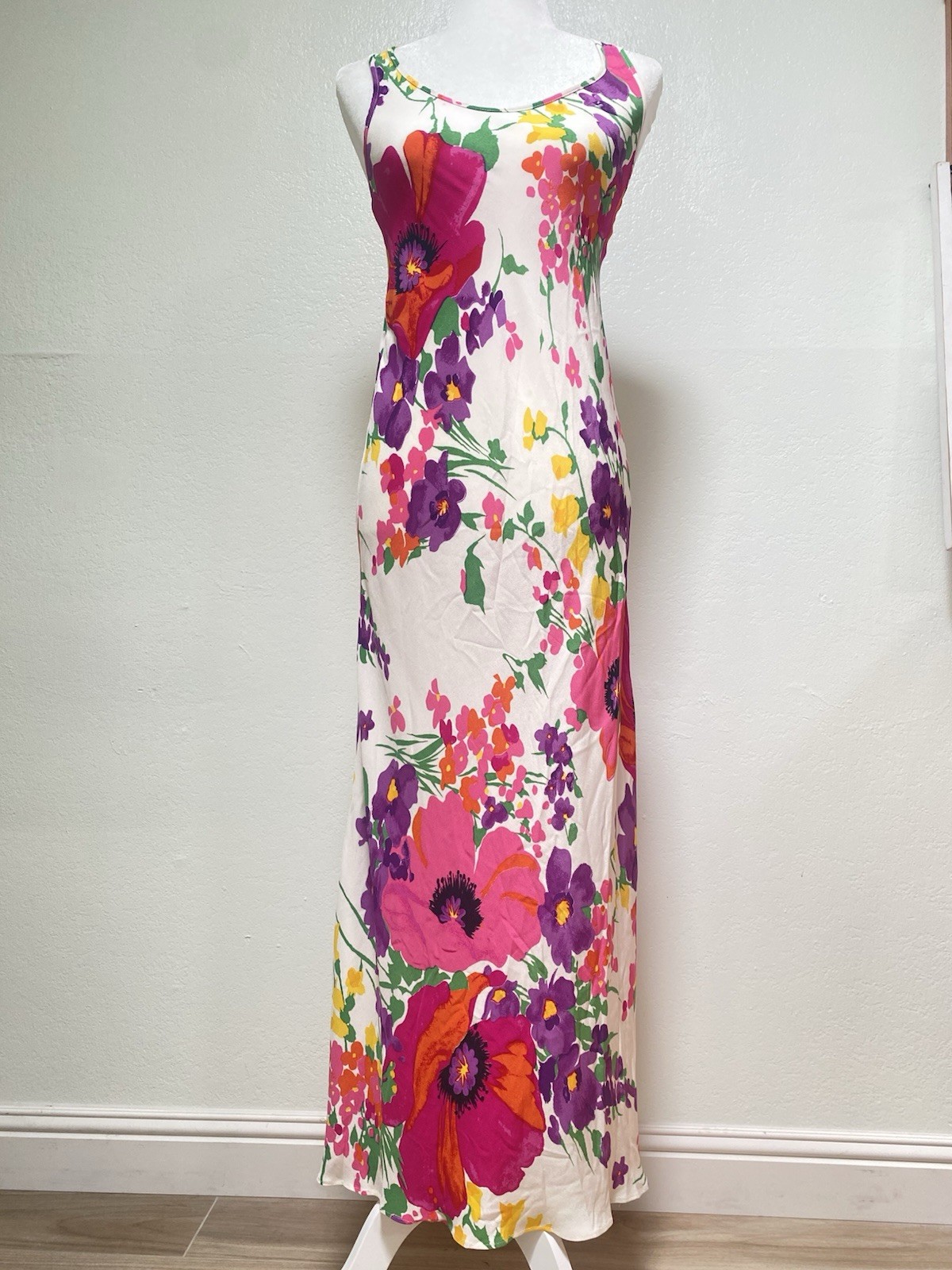 Vintage 1990s Betsey Johnson White Whimsical Floral Bias Cut Slip Dress S Small