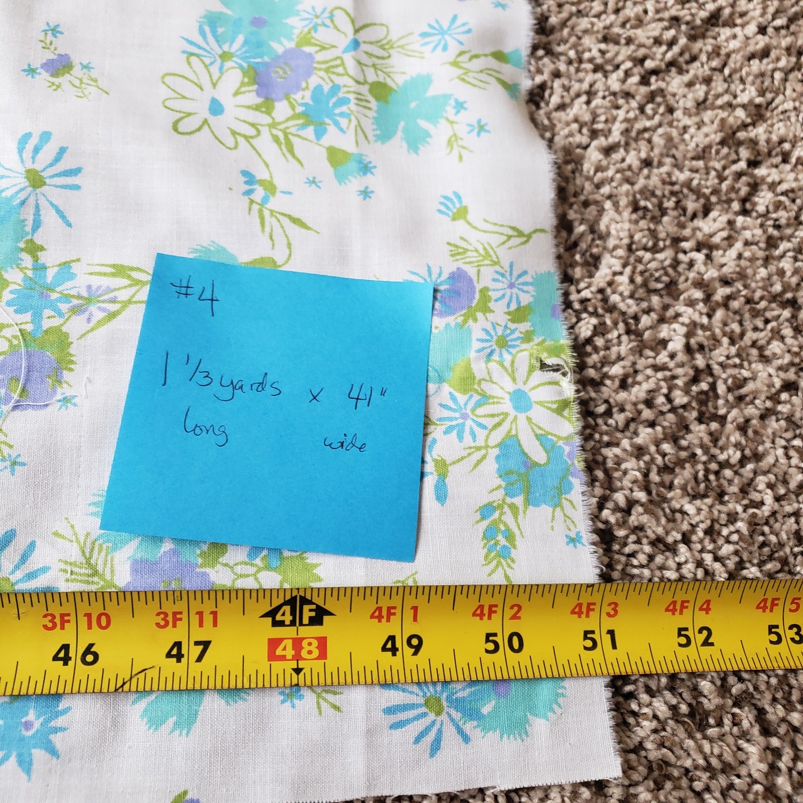 1960s Vintage Cotton Aqua Blue Mint White Floral Lot Of 4 Remnants #81