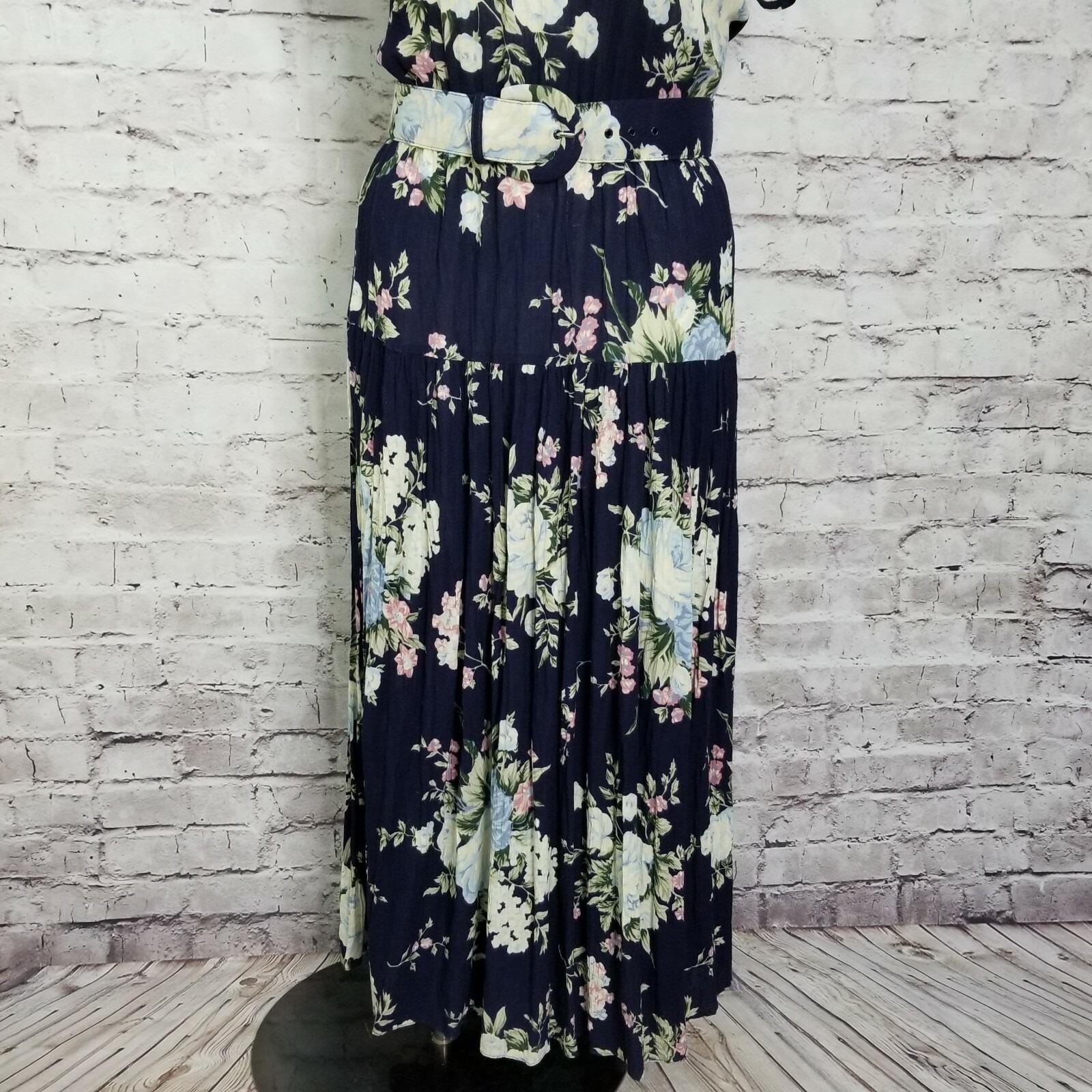 Vintage 90s Ansley Navy Blue Floral Maxi Dress Rayon Pleated Skirt Belted USA 12