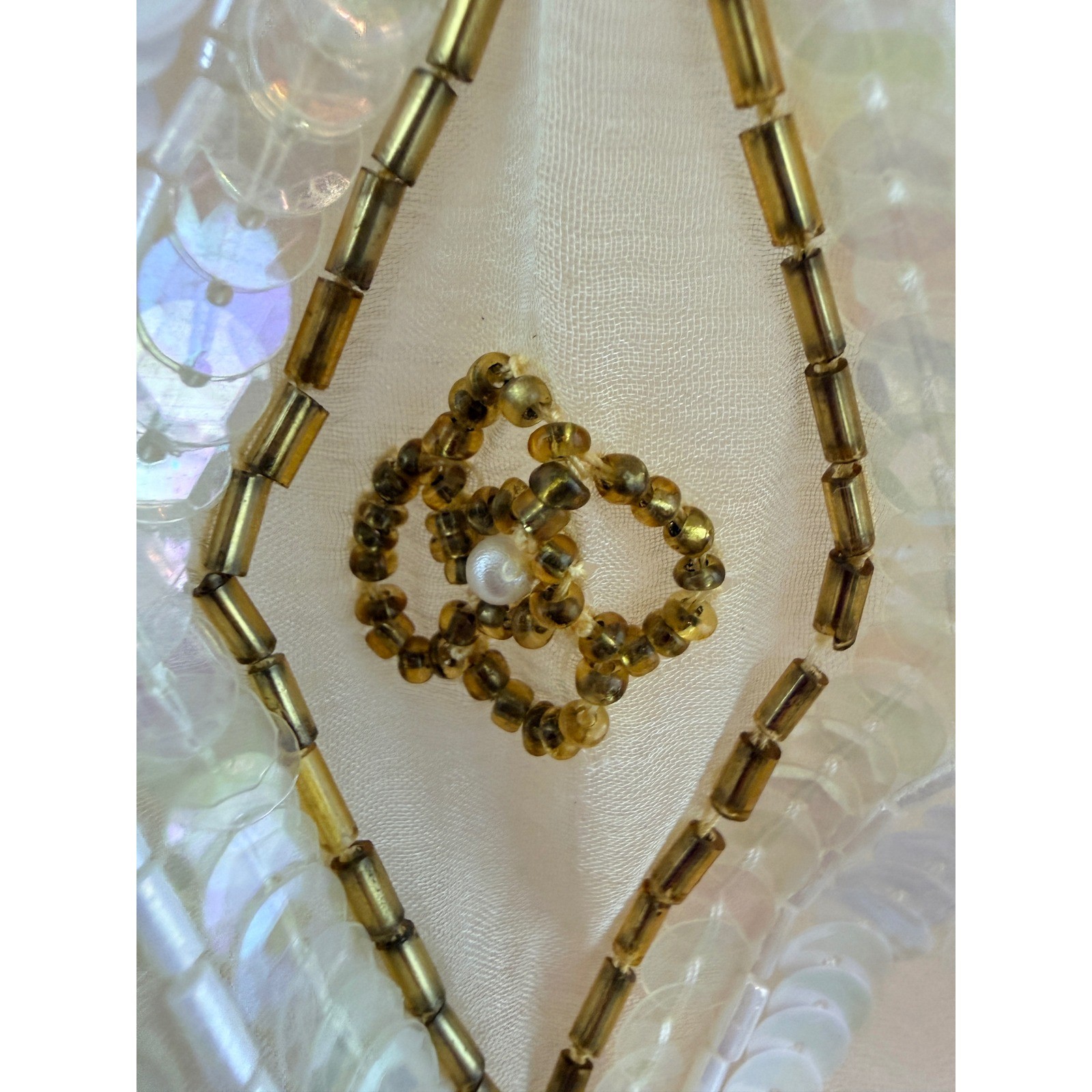 Vintage Silk Beaded Sequin Top White Gold Mermaidcore Pearl Beaded