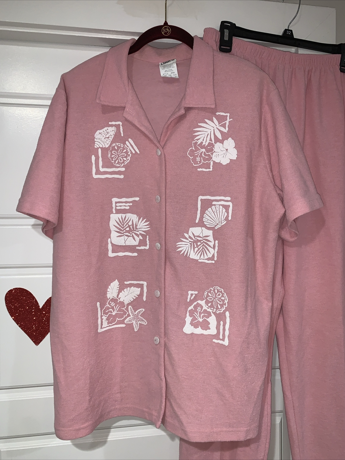 Vintage Links 2 Pc SET Pink Short Sleeve Button Down Top Seashell Pattern Pants