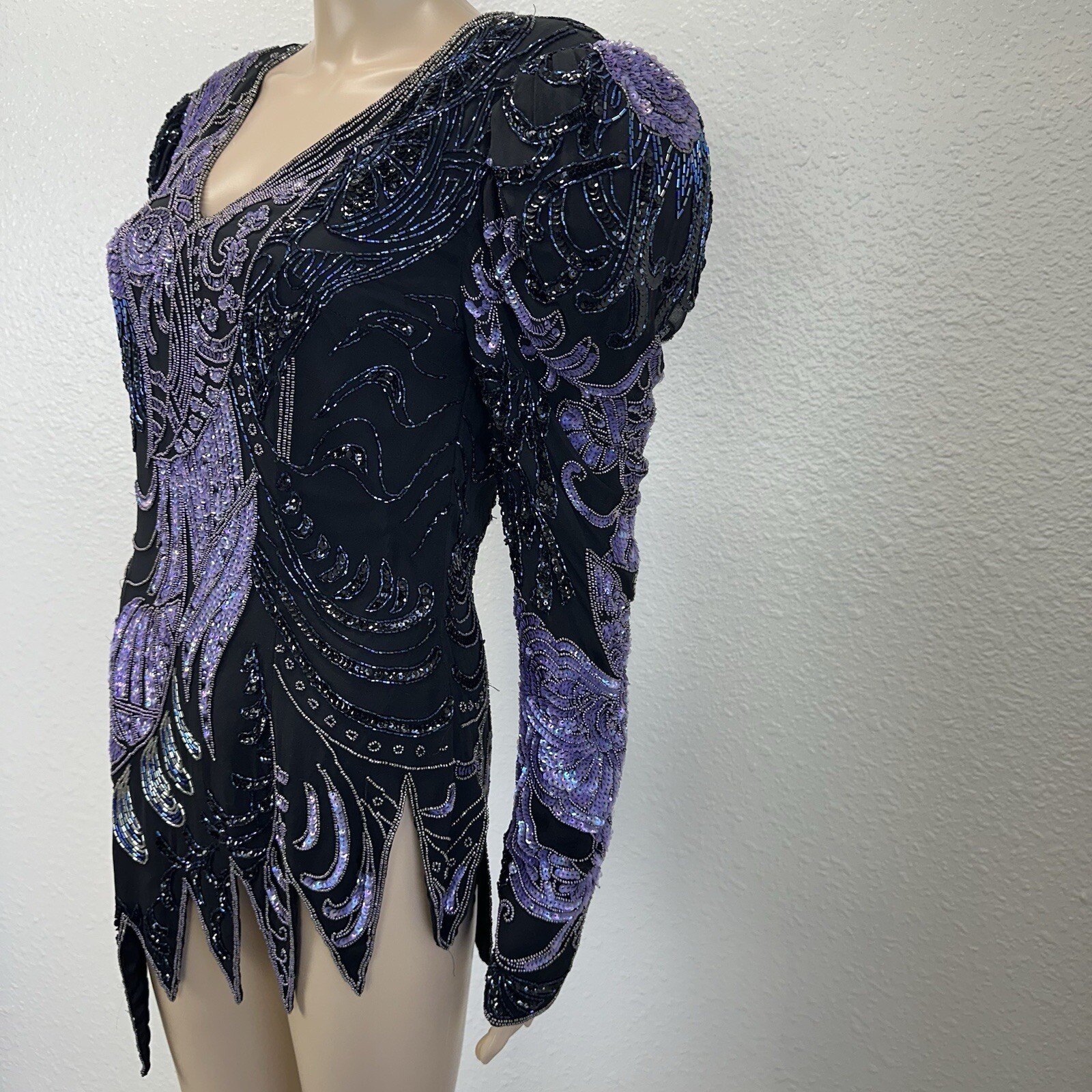 Vtg Fully Beaded Sequin Silk Mini Dress Tunic Peacock Great Gatsby Dancer M