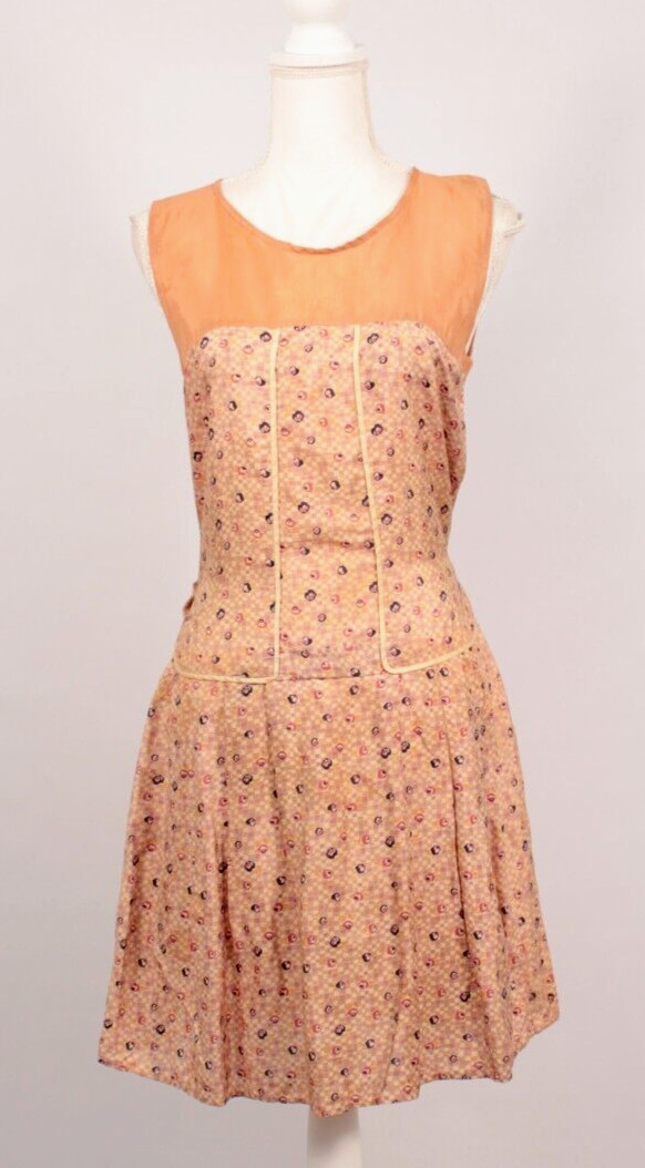 VTG Women’s 20s Tan & Peach Silk Drop Waist Dress W/ Floral Print 1920s Sz S/M