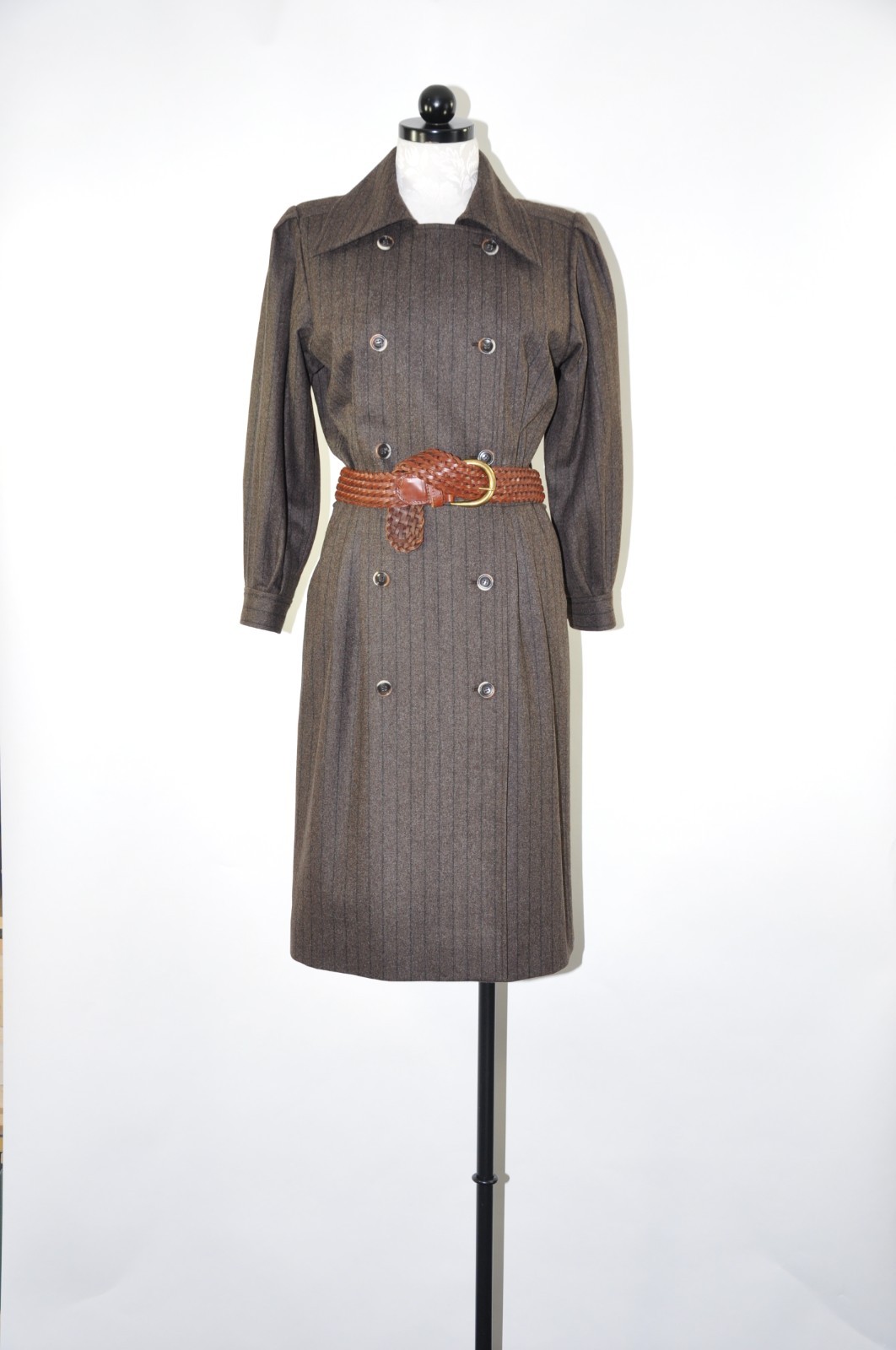 80s Vintage Saint Laurent Rive Gauche Brown Stripe Wool Tweed Coat Dress Women M