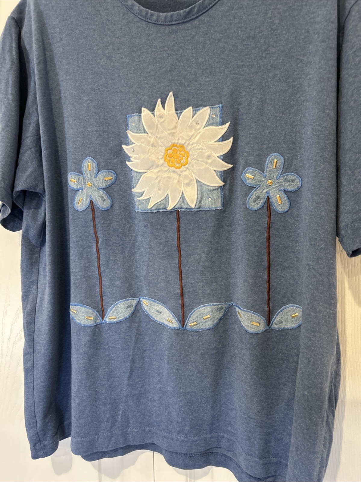 Cotton LA T-Shirt Women XL Blue Vtg 80s Daisy Flower Graphic Embroidered USA