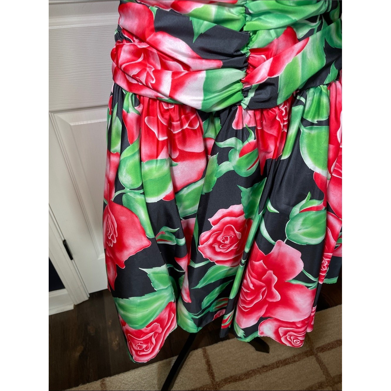 NWT Vintage 80a Superstition Strapless Rose-Print Midi Dress Red Green Black Sz8