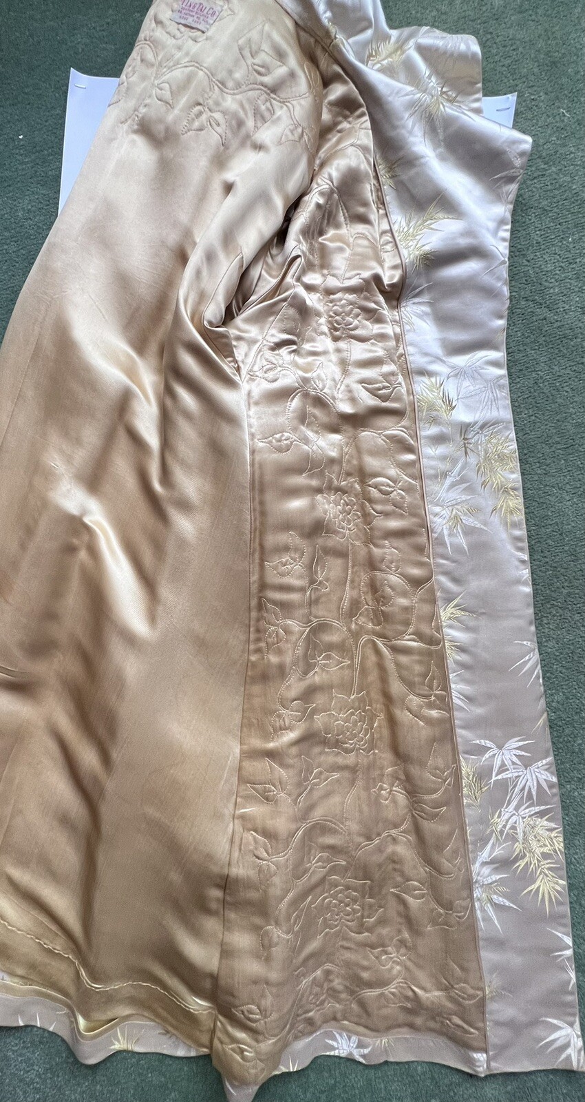 1950s Custom Sewn SATIN Ivory Swing Coat Embroidered Lining HONG KONG SZ M-L