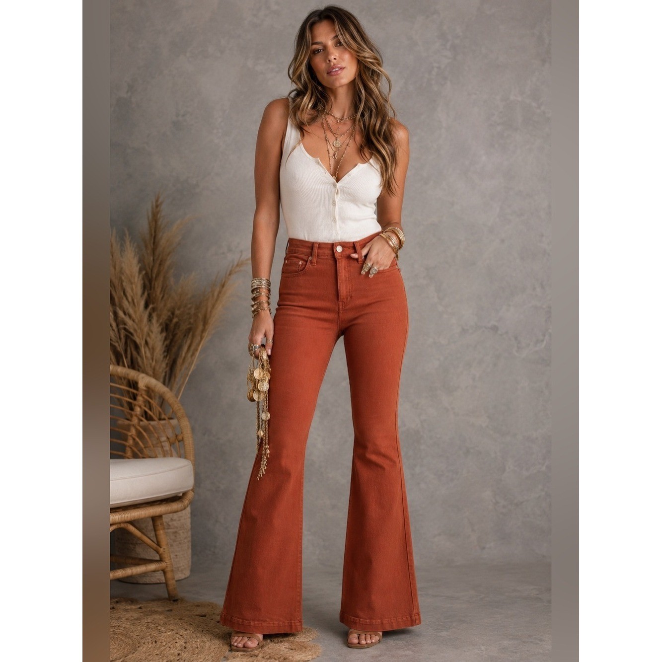 Veronica Beard Carson Ankle Flare High Rise Jeans Burnt Orange Rust Size 25