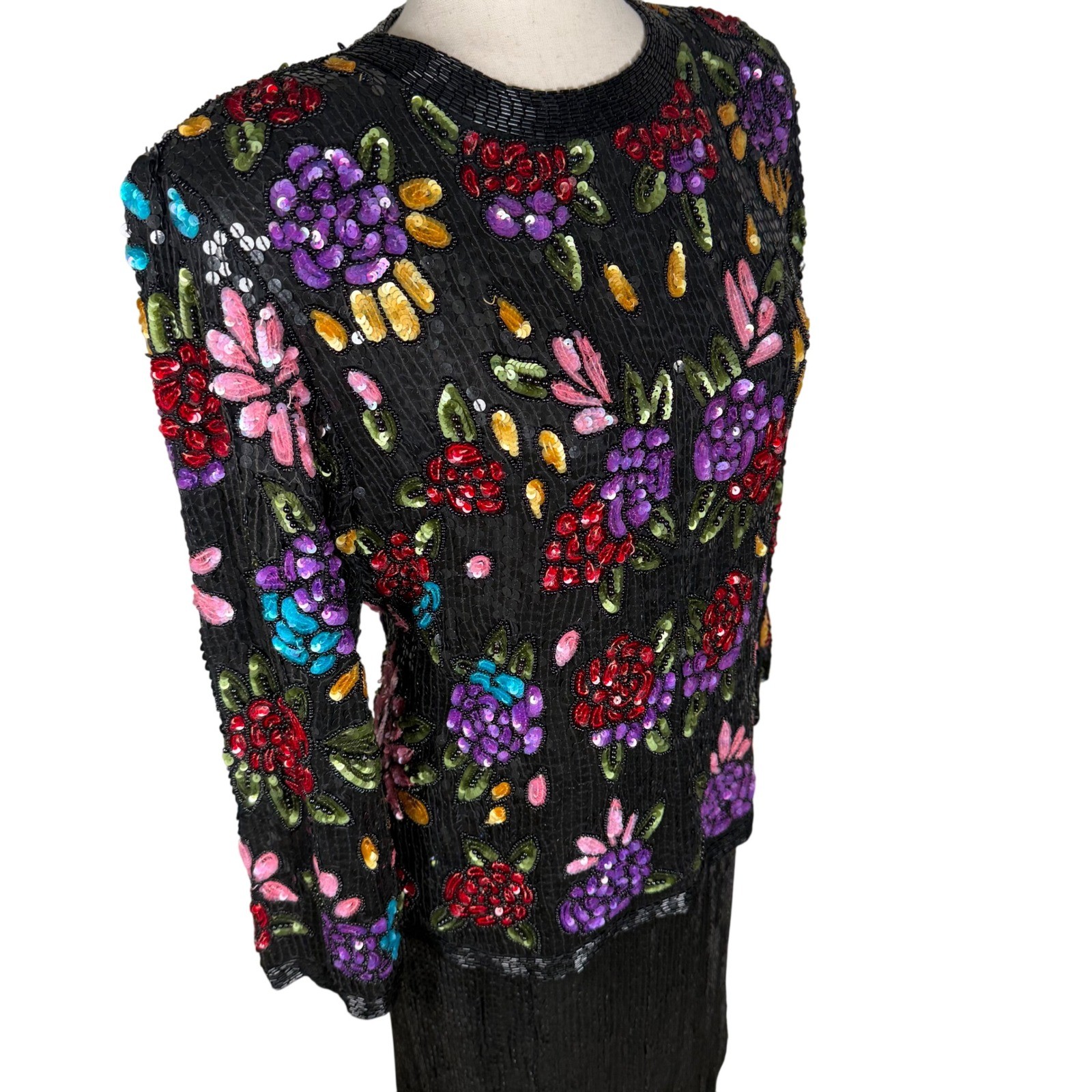 Jean for Joseph Le Bon Sequin Silk Two Piece Set Womens L Black Floral Vintage
