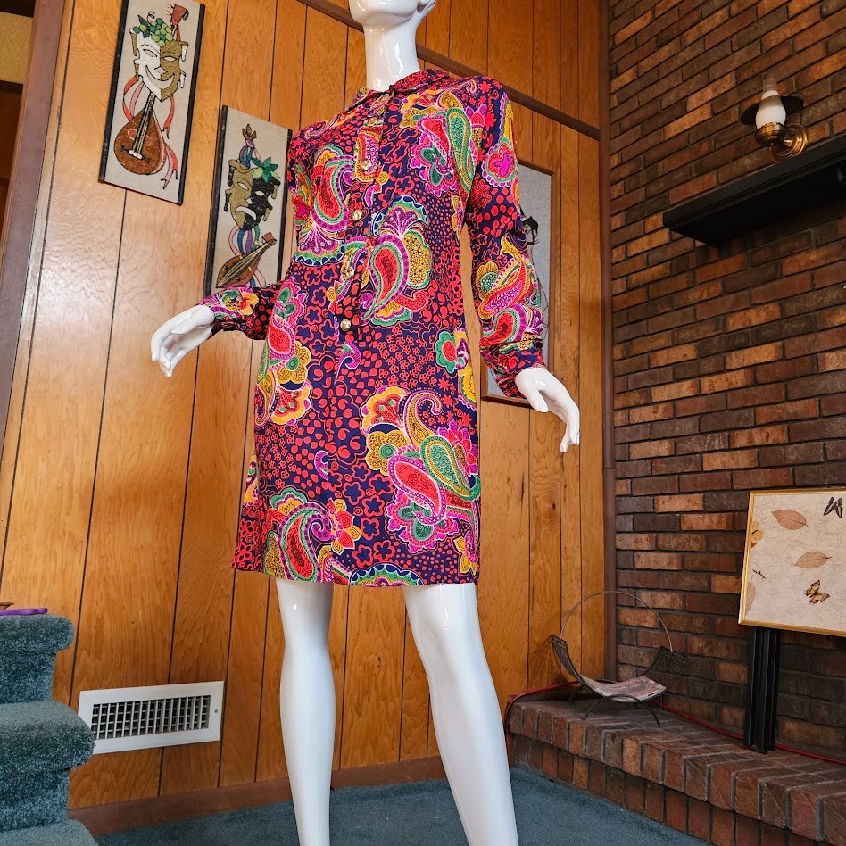 Vintage 60s Mod Psychedelic Geo Paisley Go Go Party Twiggy Shift Mini Dress M/L