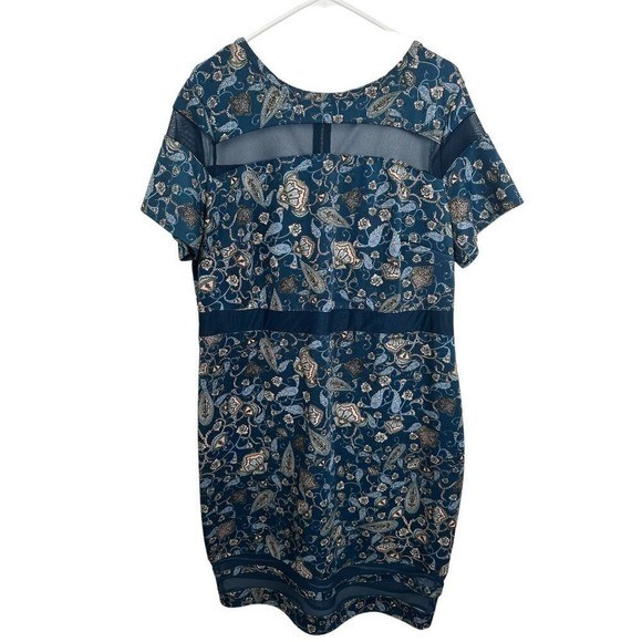 Boutique Teal Paisley Floral Mesh Panel Sheath Dress 1X Short Sleeve Blue