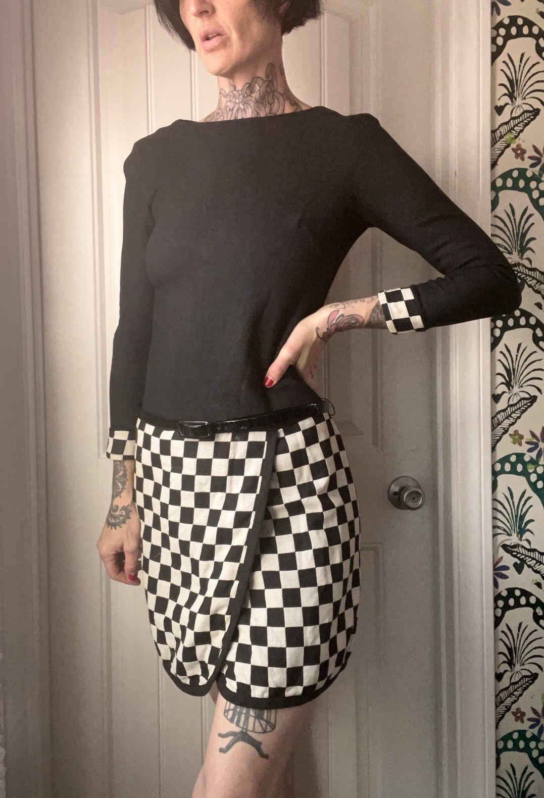 Vtg 60s Young Edwardian Checkered Drop Waist Mini Faux Wrap Dress Mod Twiggy S
